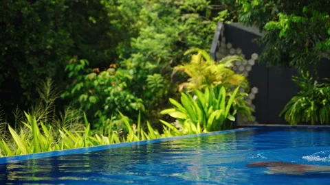 Woman emerges in infinity pool at high-end tropical villa. Red-haired female Video stock 270074553