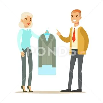 Woman Employee Giving A Clean Suit Jacket To Man Client, Part Of People Using Stock Illustration