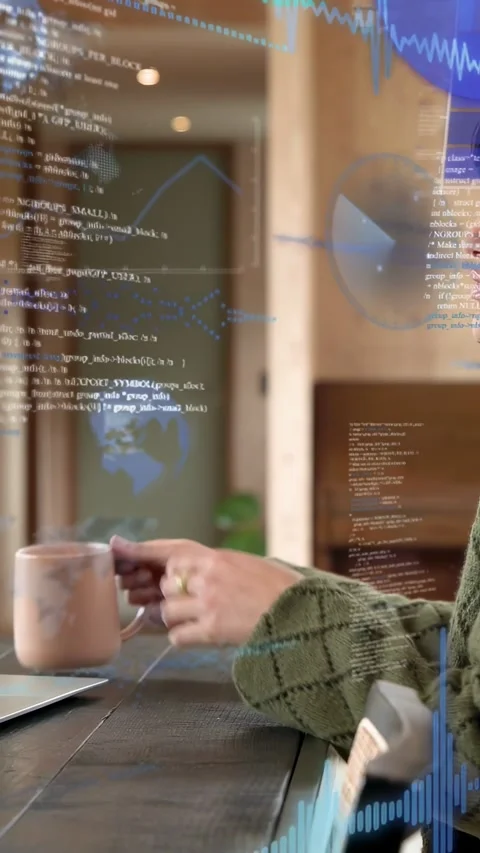 Woman ending tech work sipping mug standing to window while blue overlays on Stock Footage 332669652