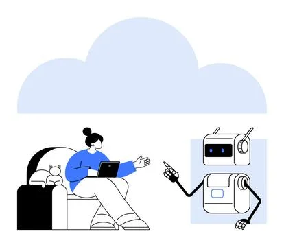 Woman Engaging with Robot Assistant in Cloud Environment Highlighting Inter.. Stock Illustration