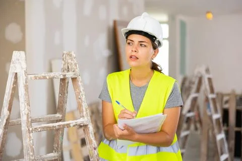 Woman engineer checking documents during repair works Stock Photos