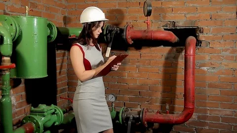 Woman engineer checking technical data of heating system equipment in a boiler Stock Footage 77120653