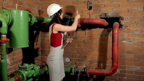 A woman engineer checks the parameters of the heating system. The engineer in 動画素材 76249837