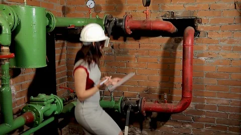 A woman engineer checks the parameters of the heating system. The engineer in Video stock 76249903