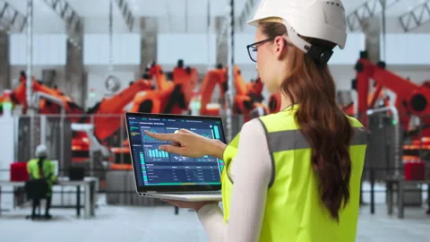Woman Engineer Checks Scada System On Computer Screen Stock Footage 345329165
