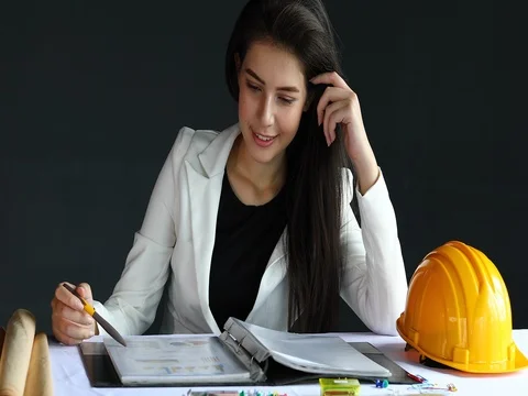Woman engineer construction manager working in site business office industry Stock Footage 85073191