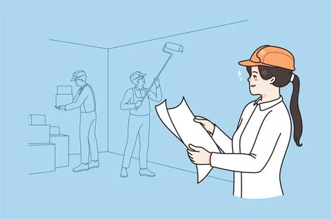 Woman engineer control workers on construction site Stock Illustration
