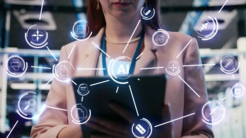 Woman engineer in data center using tablet to evaluate equipment, AR overlay Stock Footage 333166757