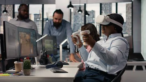 Woman engineer developing architectural layout with VR glasses Stock Photos