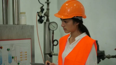 Woman engineer looking at computer tablet and checking data on the tablet Video stock 94036387