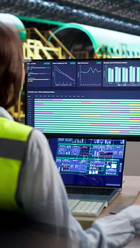 Woman Engineer Monitors Factory Process Using SCADA System Stock Footage 334929563