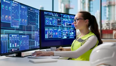 Woman Engineer Monitors Sensor Data On Screens In Industrial Plant. Stock Photos