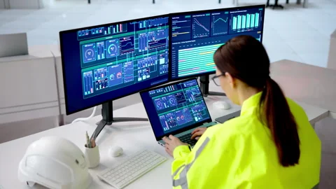 Woman Engineer Operating Modern SCADA Control System Stock Footage 330586818