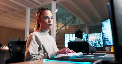 Woman, engineer or coding on keyboard by computer screen or productivity on Video stock 264471362