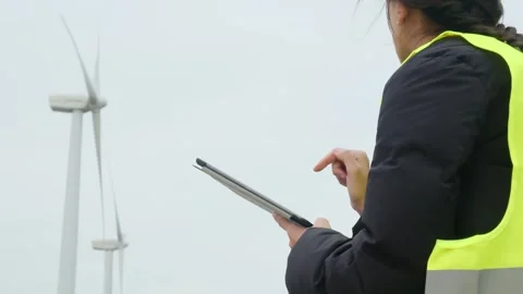 Woman engineer with tablet computer working with wind turbines Stock Footage 270455369