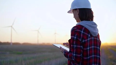 Woman engineer taking notes with a tablet computer on a field with wind turbines Foto stock