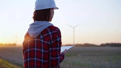 Woman engineer taking notes with a tablet computer on a field with wind turbines Foto stock