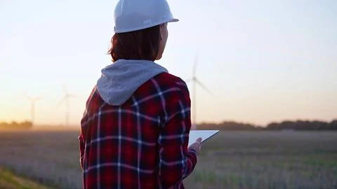 Woman engineer taking notes with a tablet computer on a field with wind turbines Stock-Fotos