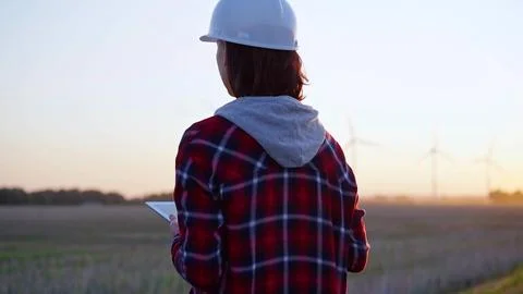 Woman engineer taking notes with a tablet computer on a field with wind turbines Foto stock