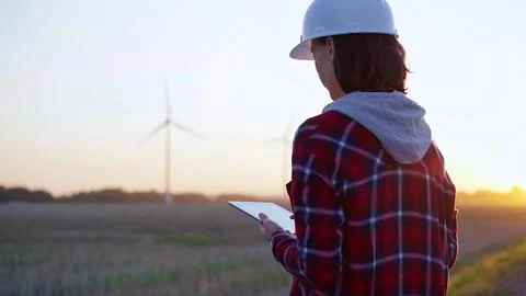 Woman engineer taking notes with a tablet computer on a field with wind turbines Foto stock