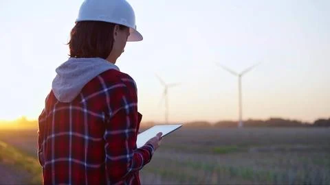 Woman engineer taking notes with a tablet computer on a field with wind turbines 스톡 사진