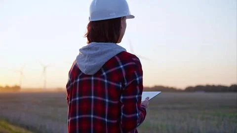 Woman engineer taking notes with a tablet computer on a field with wind turbines Foto stock