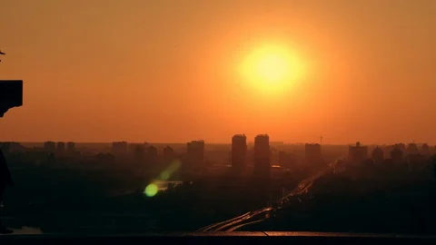 Woman engineer use computer outdoors cityscape at sunrise Stock Footage 123949671