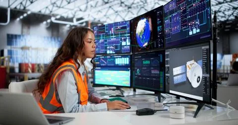 Woman Engineer Uses Computer To Design 3D Solar Satellite Panels. Stock Photos