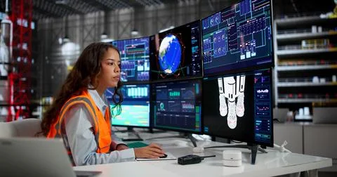 Woman Engineer Uses Computer Program To Design Advanced 3D Rocket Model. Stock Photos