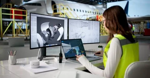 Woman Engineer Uses Computer Software To Inspect Airplane Parts For Safety. Stock Photos
