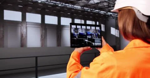 Woman Engineer Using AR Technology To Design Power Plant Floor. Stock Photos