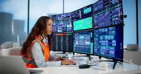 Woman Engineer Is Using Computer To Control Nuclear Power Plant Systems. Stock Photos