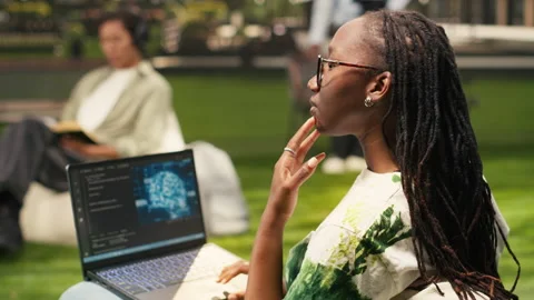 Woman engineering student using AI neural networks on laptop screen Stock Footage 340961685