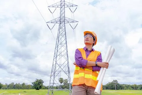 Woman engineers construction worker checking layout on digital ipad or comput Stock Photos