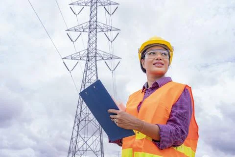 Woman engineers construction worker checking layout on digital ipad or comput Stock Photos