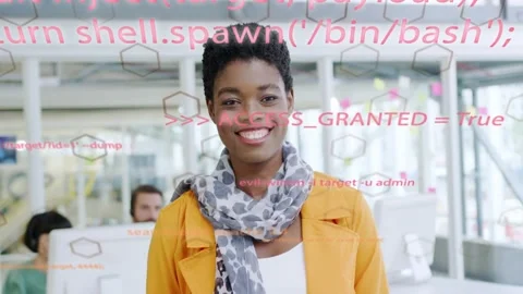 Woman entering tech office causing code overlay, smiling wider as ACCESS_GRANTED Stock Footage 333735247