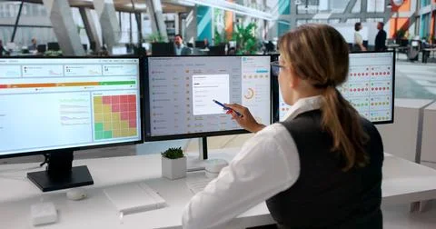 Woman Evaluates Vendor Data On Computer For Risk And Compliance Management. Stock Photos