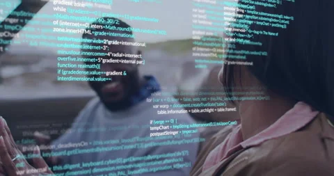 Woman examining hand by waterfront while code overlay appears and man gestures Stock Footage 313725146