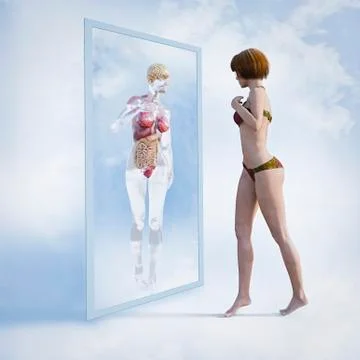 Woman examining reflection of organs in virtual mirror Illustrazione stock