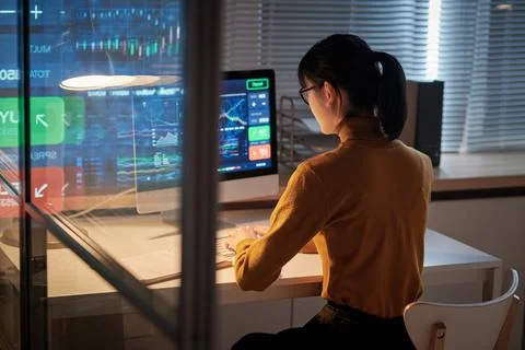 Woman examining software on computer 스톡 사진