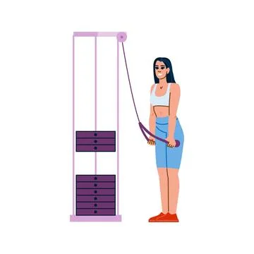 Woman exercising back muscles using weights machine at the gym Ilustración de archivo