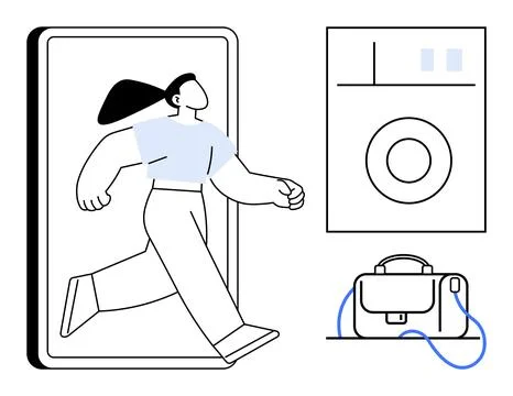 Woman Exiting Smartphone with Objects Symbolizing Digital Transformation an.. Illustrazione stock