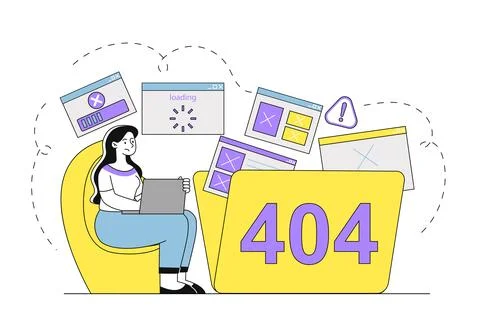 Woman experiencing 404 error with floating broken web pages. Illustrazione stock