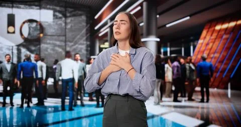 Woman Experiencing Sudden Panic Attack During Busy Corporate Conference Sessi Stock Photos