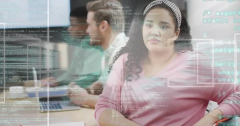 Woman explaining code concept by raising hands in coding team meeting, code Stock Footage 315538000