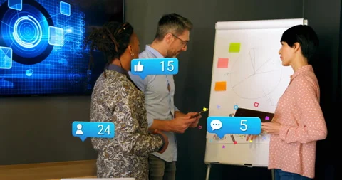 As woman explaining pie chart colleagues tapping tablet tracking engagement Stock Footage 315578237