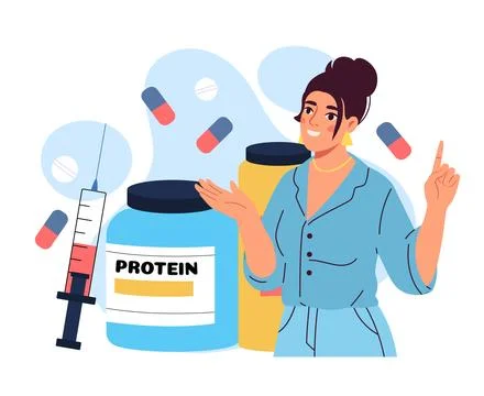Woman explaining protein supplements. Vector illustration Stock Illustration
