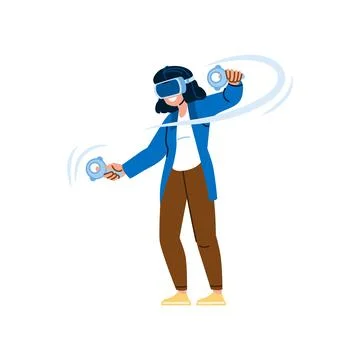 Woman exploring virtual reality using headset and controllers Stock Illustration