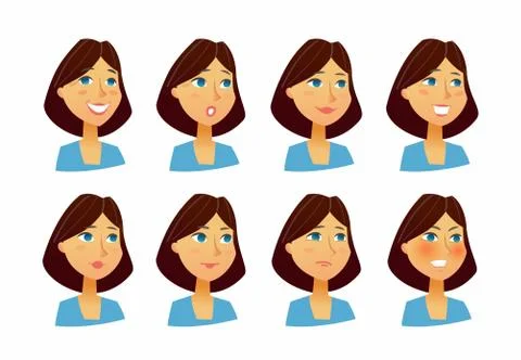 Woman Expressions - vector flat set of images Stock Illustration