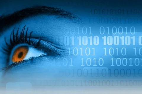 Woman eyes next to binary code on blue background Stockfoto's
